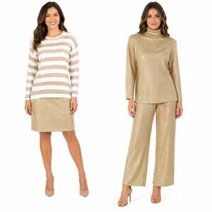 Vintage 90s Gold Metallic Knit Set Size Small Mix Match 4 Piece Top Pants Skirt